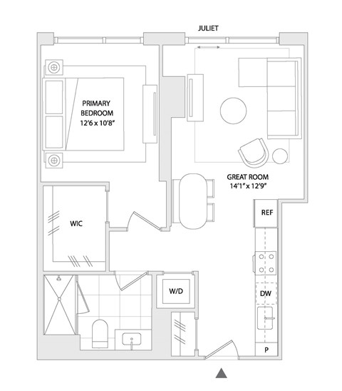 Floor plan for 1 bed, 1 bath, 664 sqft